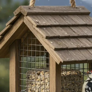 Detail showing the durable cedar wood used in the construction of this weatherproof suet bird feeder.