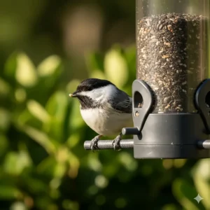 A chickadee perched comfortably on the adjustable perch of the Feather Snap bird feeder while eating seeds.