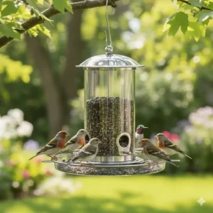 Several small backyard birds, like finches or chickadees, happily feeding from the clean and efficient no-mess bird feeder.