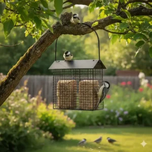 A backyard scene with chickadees and nuthatches enjoying the double cage suet feeder in the winter.