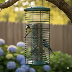 Close-up view of a metal cage bird feeder with mesh walls designed to deter squirrels and large pest birds.