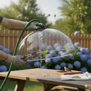 A bird feeder dome that has been removed and is being cleaned, highlighting the ease of maintenance for the squirrel guard.
