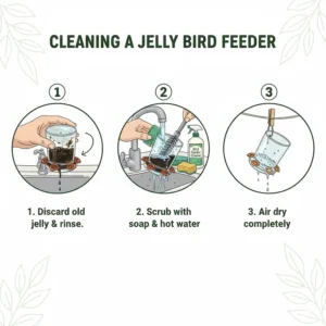 Step-by-step graphic demonstrating the best practices for cleaning and sanitizing a jelly bird feeder to prevent mold.