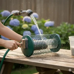 Instructions on how to easily open and clean a dirty cage bird feeder to prevent disease.