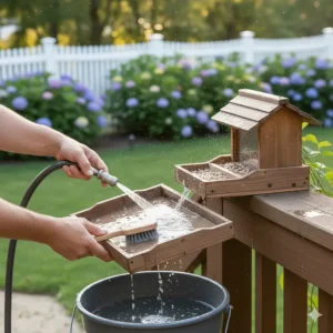 Image of someone easily removing a tray for cleaning a deck bird feeder to maintain hygiene.