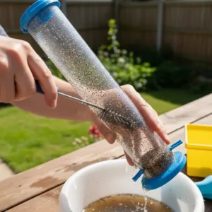 Image showing a person cleaning a bird feeder for nyjer seed with a small brush to prevent mold and bacteria buildup.