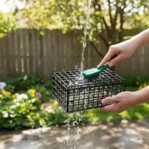 Image depicting the process of cleaning an empty suet bird feeder using a hose and scrub brush to maintain hygiene.