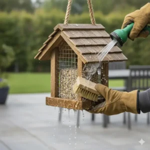 Image illustrating the simple process of cleaning and maintaining your natural wooden suet feeder.