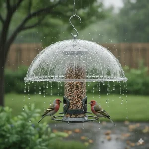 Close-up of a clear plastic bird feeder dome effectively acting as a rain guard, keeping the seed dry for the birds.