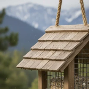 Detailed look at the sturdy roof and thick wooden frame of the quality suet bird feeder.