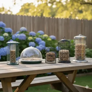 A side-by-side comparison of different cage bird feeder styles, including mesh, plastic dome, and metal wire designs.