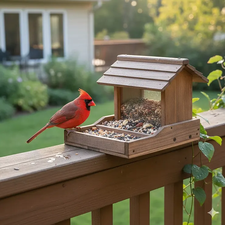 Deck bird feeder securely mounted to a wooden railing, attracting a small, colorful songbird.