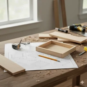 Simple schematic or plan for building a DIY deck bird feeder out of recycled wood.