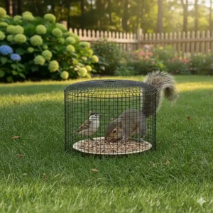 A simple, homemade ground bird feeder made from repurposed materials like a shallow wooden box or plant saucer, perfect for attracting ground-feeding birds on a budget.