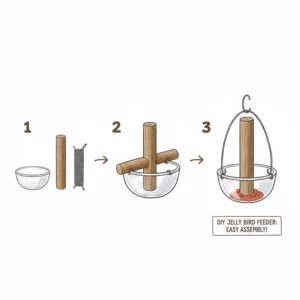 Diagram showing the simple steps for DIY assembly of a homemade jelly bird feeder using a small bowl and a wooden dowel.