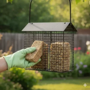 Image illustrating the hinged or removable roof/lid for easy top-filling of the double suet cake feeder.