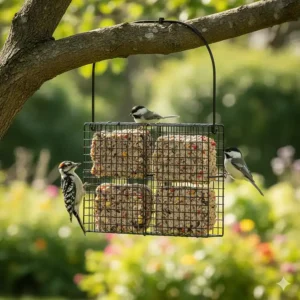 A picture of a double suet bird feeder cage capable of holding two cakes, ideal for attracting more wild birds.