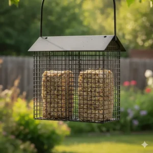 Close-up view of the double cage suet feeder capacity, clearly showing the two standard-sized suet cakes inside.
