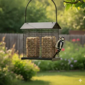 Detail shot of the built-in tail prop on the bottom of the double suet feeder, designed to support woodpeckers while feeding.