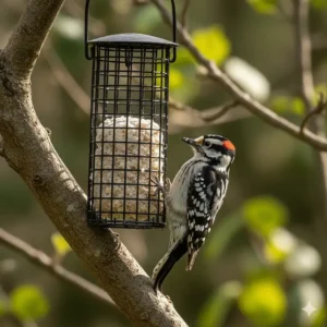 A Downy Woodpecker clinging to the mesh and actively feeding from the suet bird feeder cage.