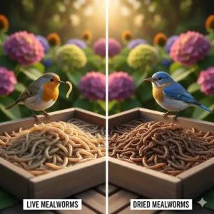A comparison shot of two different trays, one holding live mealworms and another with dried mealworms in appropriate feeders.