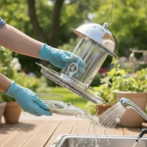 An illustration showing a person easily removing the base or tray of a bird feeder for a quick, no-mess cleaning process.