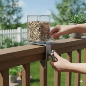 Deck bird feeder design showing the quick and easy clamp installation mechanism on a balcony railing.