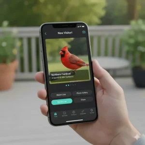 Smartphone screenshot of the Feather Snap bird feeder app displaying an instant notification and AI-powered bird species identification.