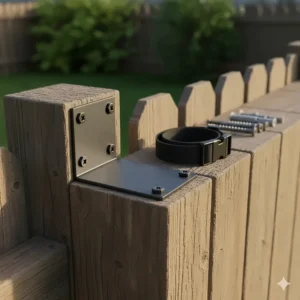 Close-up of the metal bracket and mounting hardware used to securely install the Feather Snap smart bird feeder to a post or wall.