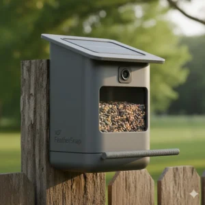 Side view of the Feather Snap bird feeder showing the durable plastic housing and dual seed bins for attracting different bird species.