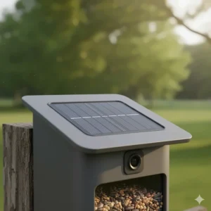 Detail of the integrated solar-powered roof panel on the top of the Feather Snap bird feeder for long-lasting battery life.