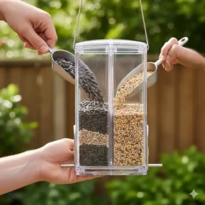 Hands pouring different types of seed into the two separate, easy-to-fill seed chambers of the Feather Snap bird feeder.