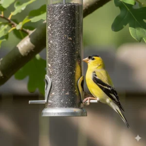 Close-up of an American Goldfinch perched on a tube-style bird feeder specifically designed for dispensing tiny nyjer seed.