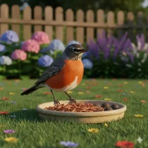 A close-up shot showing the mesh base of a ground bird feeder platform, an essential feature for effective drainage to keep the bird seed fresh and prevent mold growth.