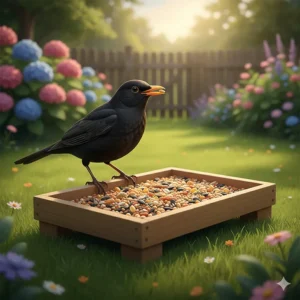 Diagram demonstrating the safe placement of a ground bird feeder, showing it in an open area at least 10 feet from shrubs or fences to deter predators and jumping squirrels.