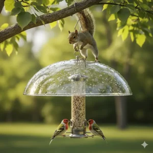 A large, rounded hanging bird feeder dome serving as a deterrent, preventing squirrels from accessing the bird seed below.