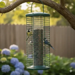 A simple, tube-style cage bird feeder hanging from a tree branch using a durable metal hook.