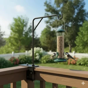 Metal adjustable bracket holding a hanging tube deck bird feeder away from the railing.