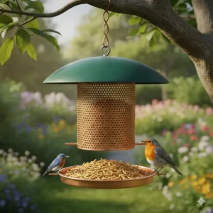 A common design of a hanging bird feeder for mealworms with a protective roof to keep the contents dry.