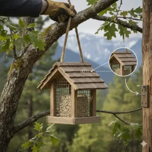 Diagram demonstrating the easy installation and mounting hardware for the wooden suet bird feeder.