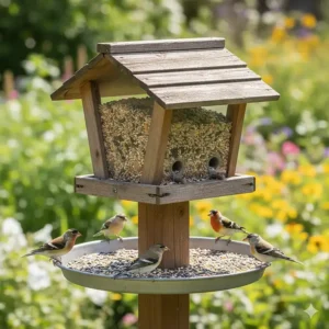 A large hopper-style no-mess bird feeder with a wide catcher tray to minimize ground debris beneath the feeding station.