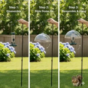 Step-by-step diagram showing the easy process of how to install a protective bird feeder dome onto a shepherd's hook.