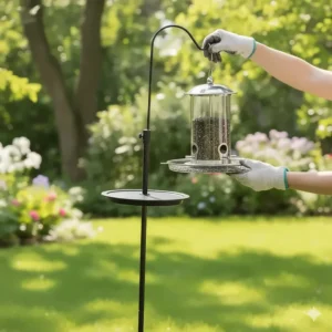 Diagram showing proper pole or post installation of a no-mess bird feeder system to ensure stability and cleanliness.