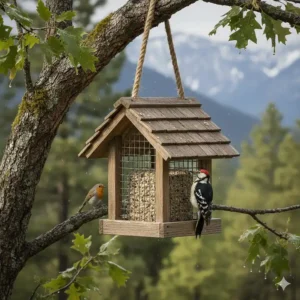 An illustration highlighting the large, double-cage design of the wooden suet feeder that holds two cakes.