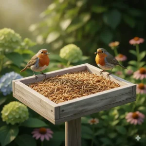 A robin perched on a specialized tray-style bird feeder eagerly eating mealworms.