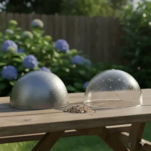 Side-by-side comparison illustrating the difference between a durable metal and a lightweight plastic bird feeder dome.