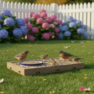 A diverse group of backyard ground-feeding birds, including a Junco, a House Sparrow, and a Mourning Dove, sharing a large ground bird feeder platform, showcasing variety.