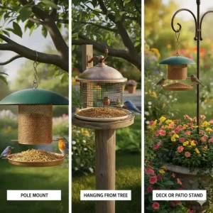A guide showing various methods for securely mounting or placing a bird feeder for mealworms in a yard or garden.