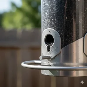 Detailed view of the tiny, slot-like feeding ports required on a tube bird feeder to properly dispense the fine nyjer (thistle) seed.