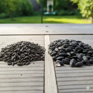 Comparison image highlighting the small size and dark color of nyjer seed compared to common black oil sunflower seeds.